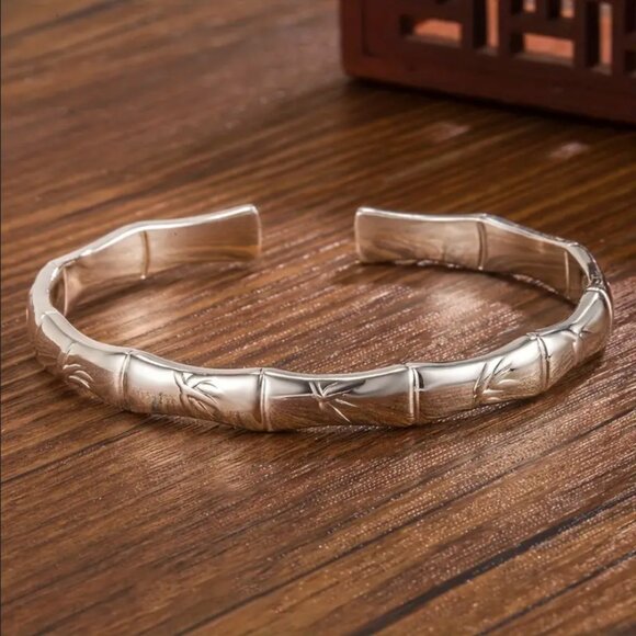 14K White Gold Bamboo Bangle Cuff Bracelet Womens 14 K Sterling Silver Jewelry